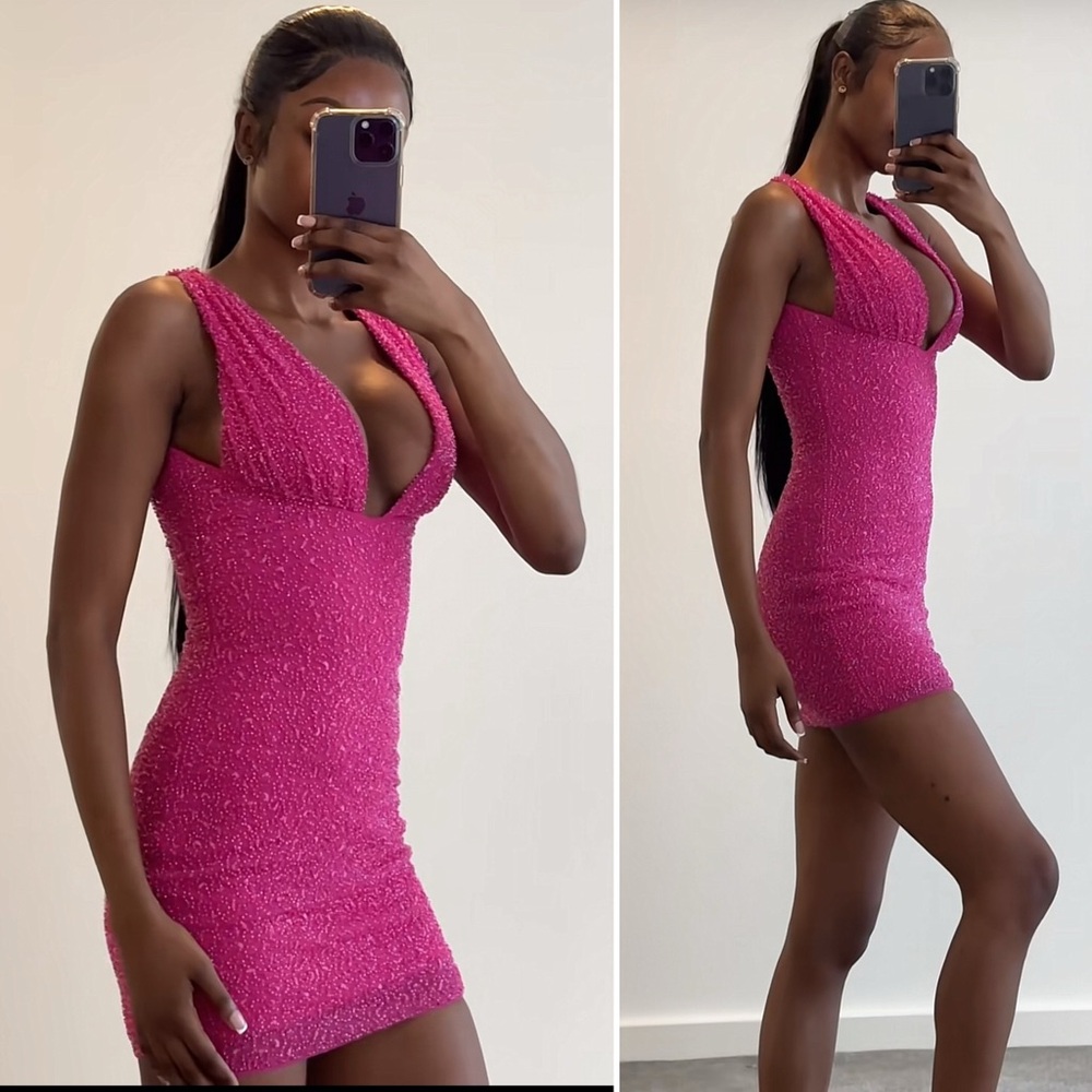 NWT Oh Polly Cassis Fully Beaded Embellished Plunge Neck Mini Dress in Pink US 8 - Picture 3 of 12